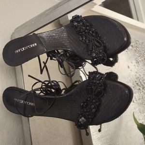 Sergio Rossi Stilleto Kitten Heels with Black Beaded Strap and Ankle Wrap Ties